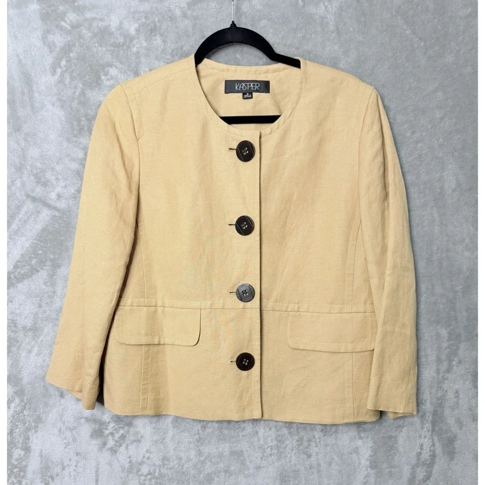 Kasper Blazer SZ 10 Tan Gold Linen Blend Classic‎ Minimalist Capsule Office